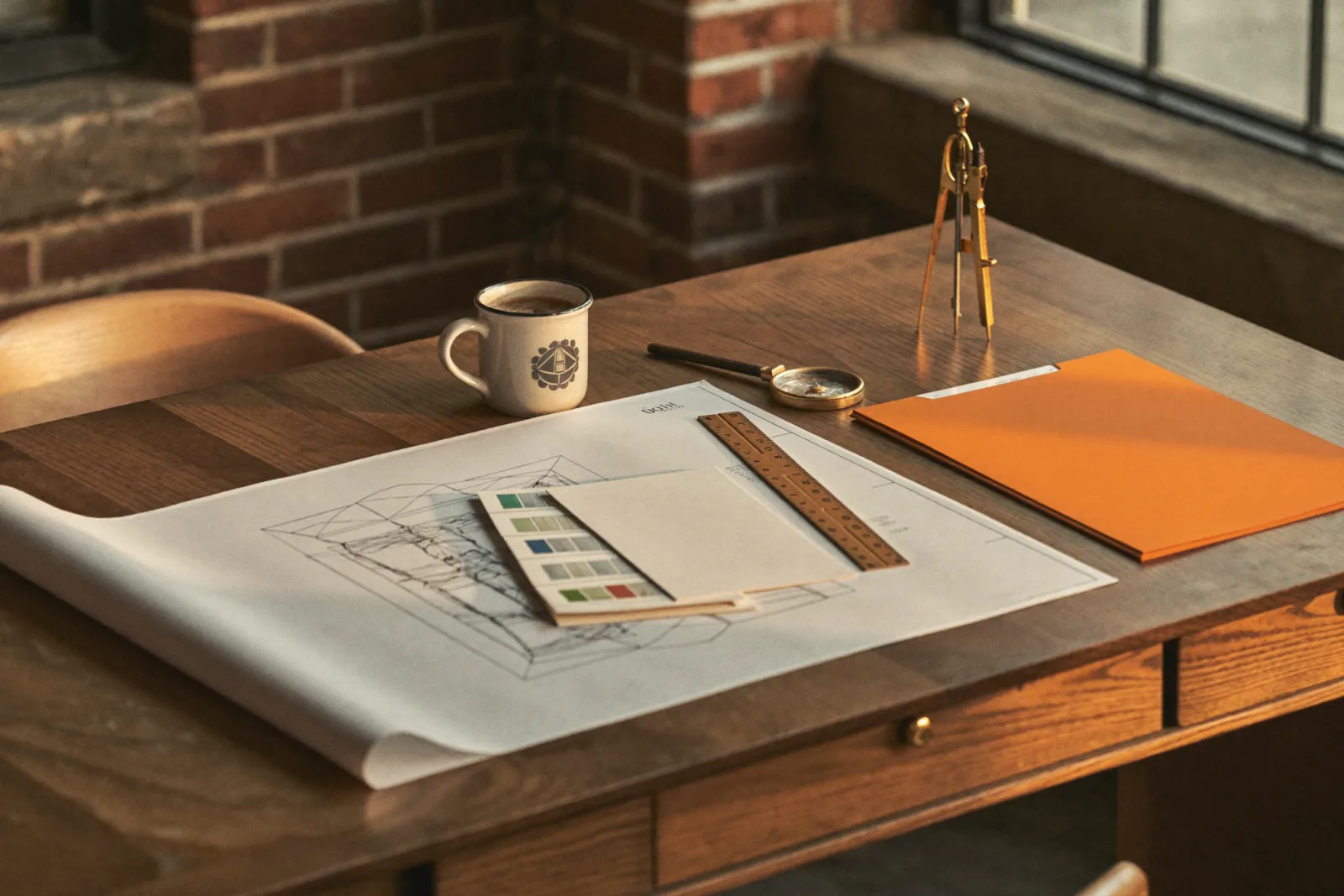 Bureau met ontwerptekening, liniaal, passer en een oranje map: het ontwerp van een goede website.
