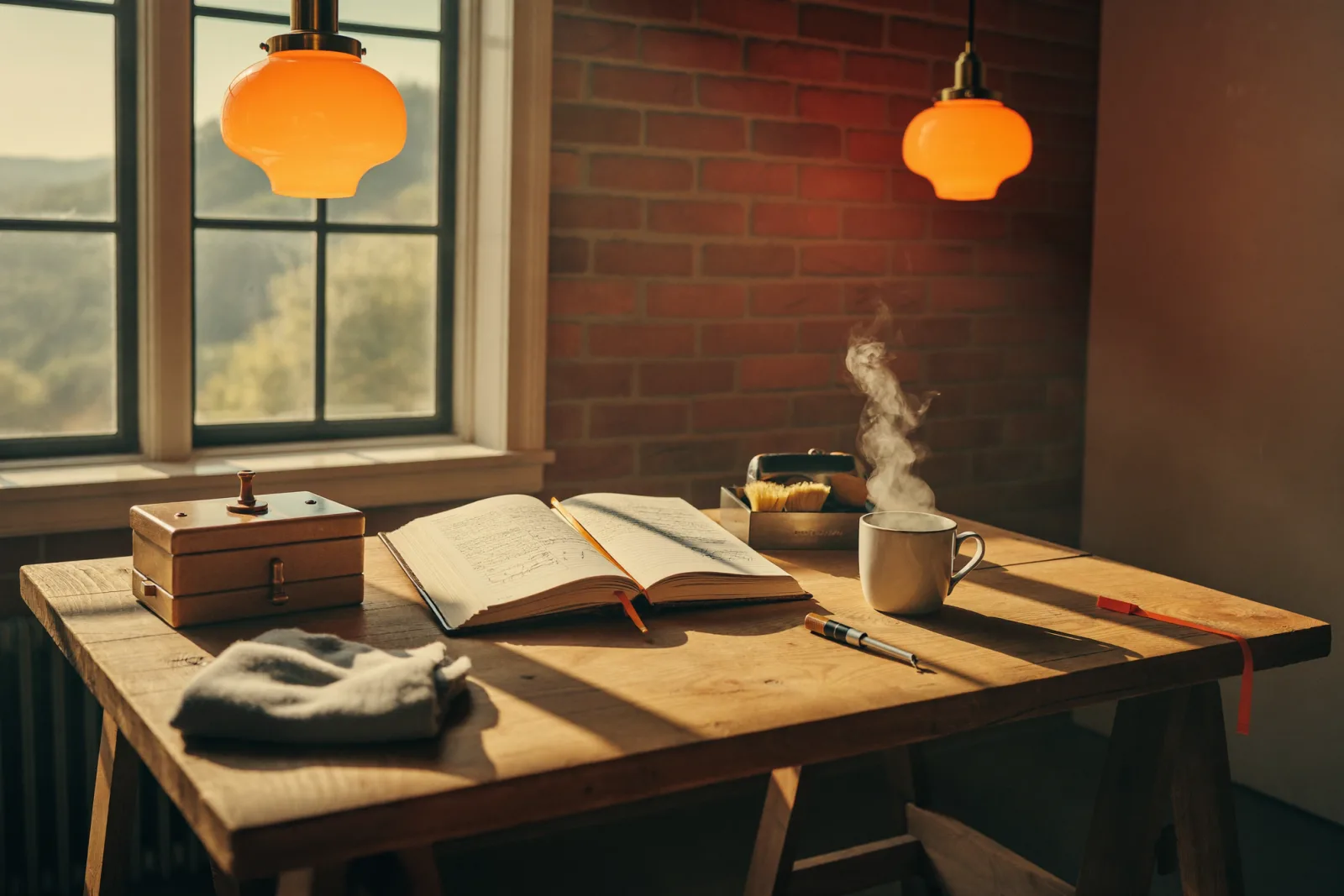 Werkbank met een open logboek, gereedschap en een kop thee in warm ochtendlicht.