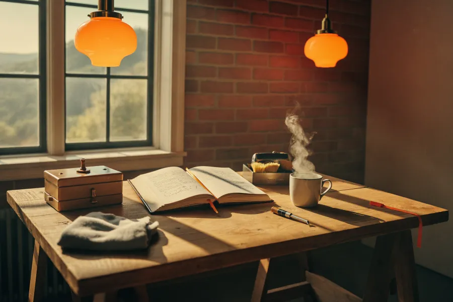 Werkbank met een open logboek, gereedschap en een kop thee in warm ochtendlicht.