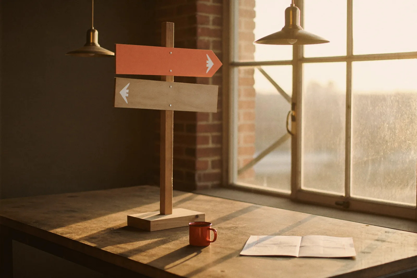 Houten wegwijzer met een oranje richtingbord op een werktafel in het avondlicht.