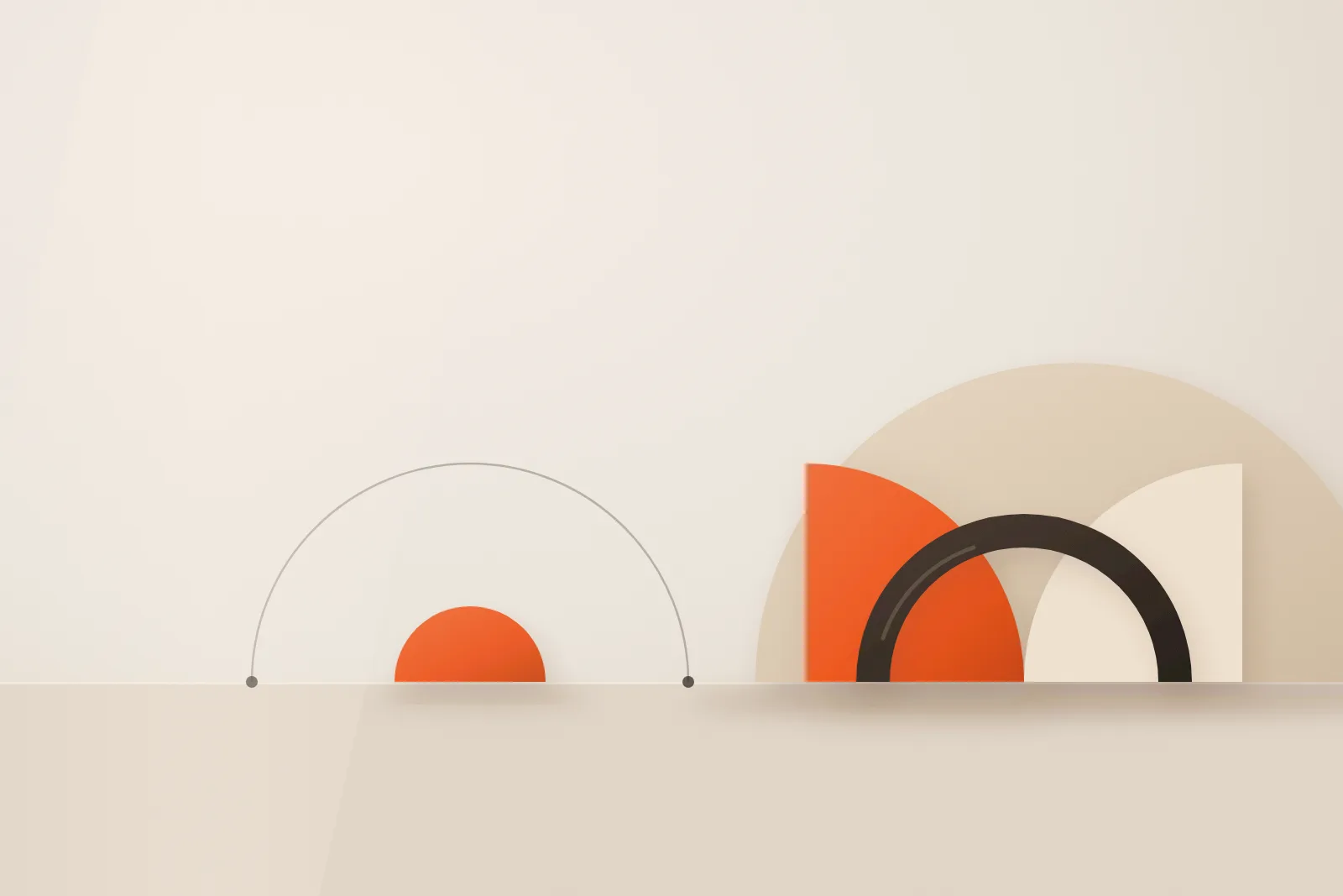 Abstracte compositie van warme bogen in terracotta, zand en donkerbruin op een tafelblad, als een slot dat sluit.
