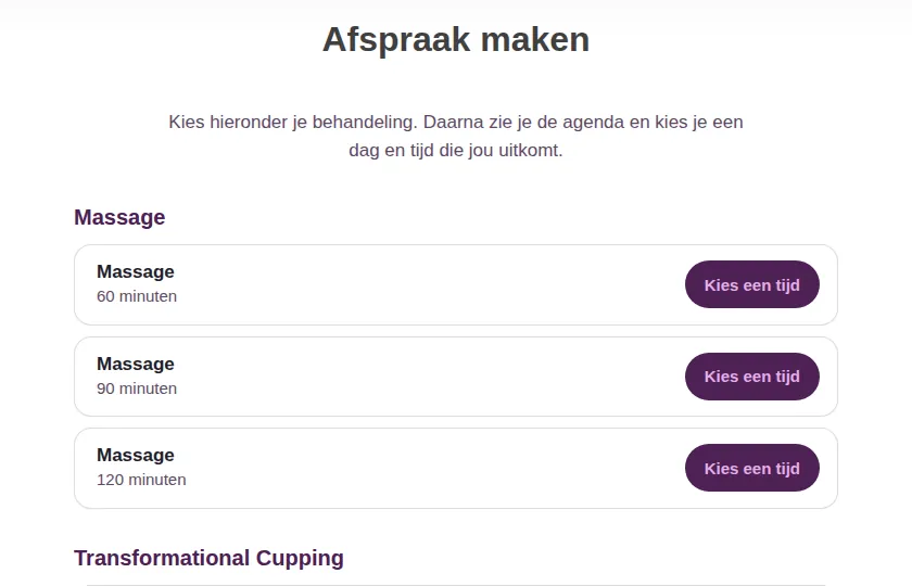 De pagina Afspraak maken van Beauty by Balance: onder het kopje Massage drie behandelingen van 60, 90 en 120 minuten, elk met de knop Kies een tijd.