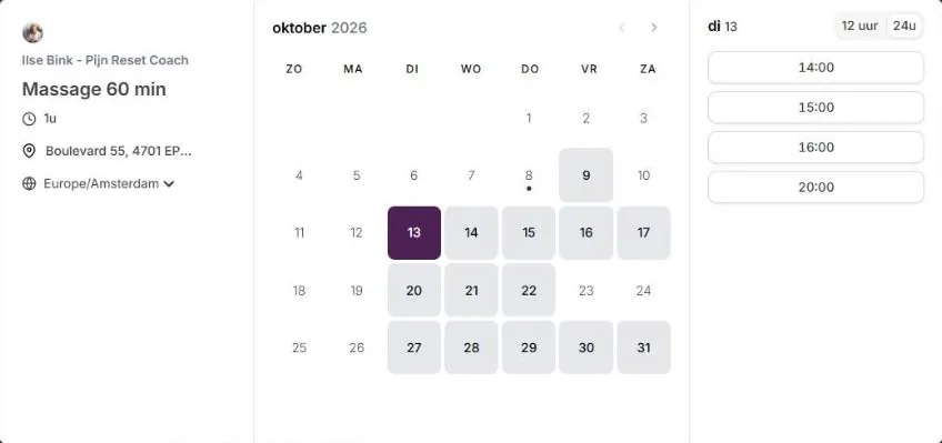 Het afsprakenvenster van Beauty by Balance: links de behandeling Massage 60 min, in het midden de maandkalender van oktober 2026 met dinsdag 13 gekozen, rechts de vrije tijden.