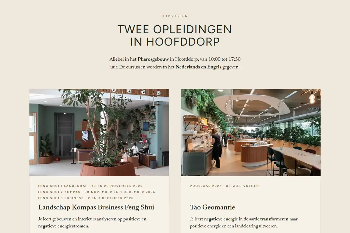 Het blok Twee opleidingen in Hoofddorp: twee kaarten met een foto, de cursusdata en de titels Landschap Kompas Business Feng Shui en Tao Geomantie.