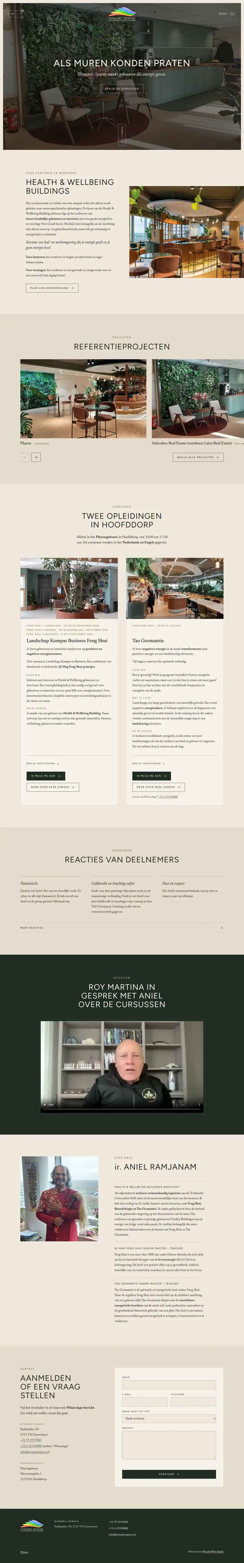De hele nieuwe homepage van dynamicspaces.nl, van boven naar beneden: de kop &lsquo;Als muren konden praten&rsquo; op een foto van een kantoor vol planten, Health & Wellbeing Buildings, referentieprojecten, twee opleidingen in Hoofddorp, reacties van deelnemers, een interview met Roy Martina, een stuk over Aniel en onderaan een aanmeldformulier.