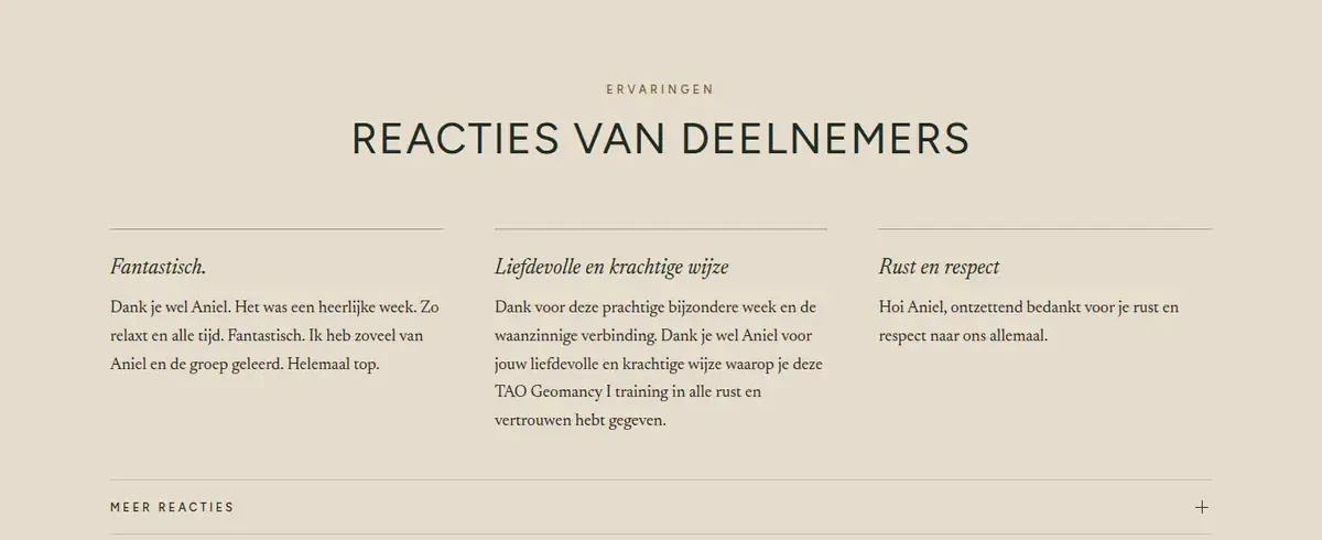 Het blok Reacties van deelnemers: drie korte reacties naast elkaar, met daaronder een knop voor meer reacties.