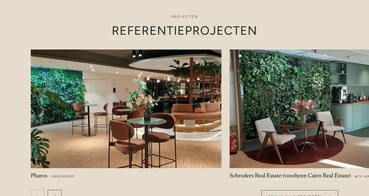 Het blok Referentieprojecten op de nieuwe homepage: twee grote foto&rsquo;s van kantoren met plantenwanden, Pharos in Hoofddorp en Schroders Real Estate.