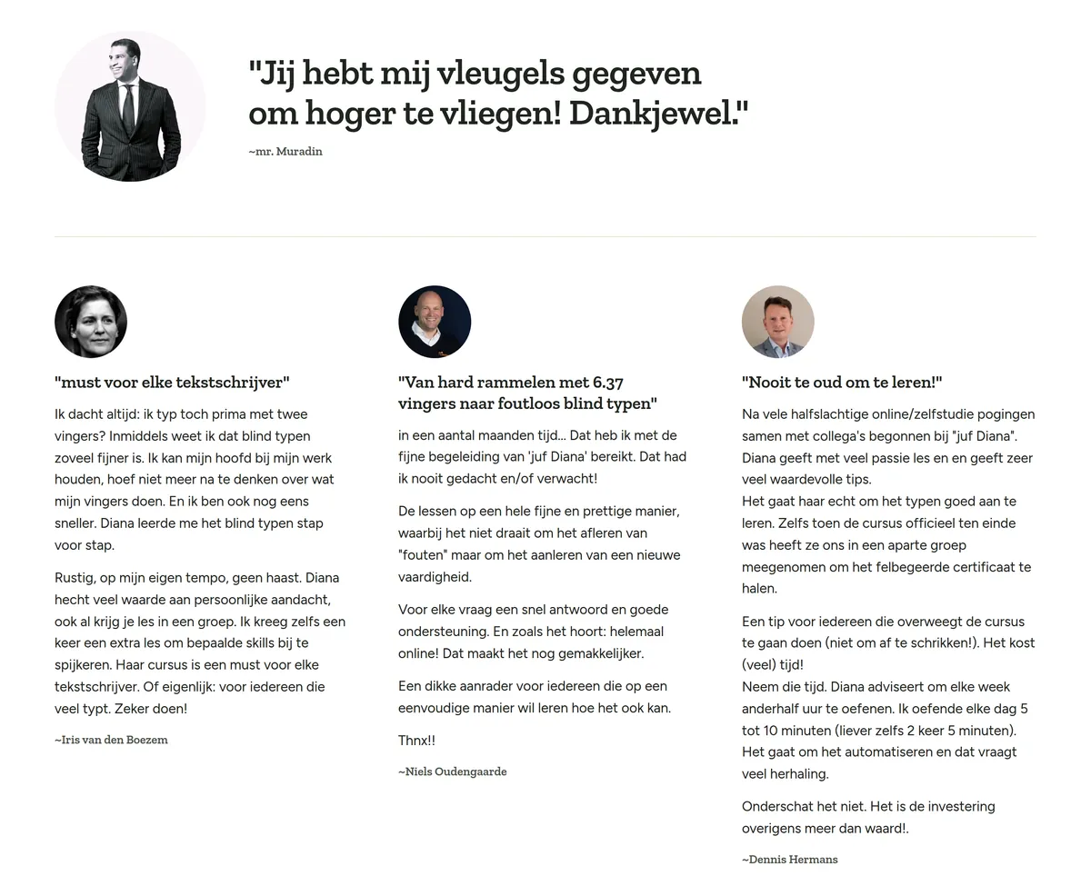 Het blok met aanbevelingen op leerblindtypen.nl: bovenaan een grote aanbeveling met een rond portret, daaronder drie aanbevelingen naast elkaar, elk met een foto.