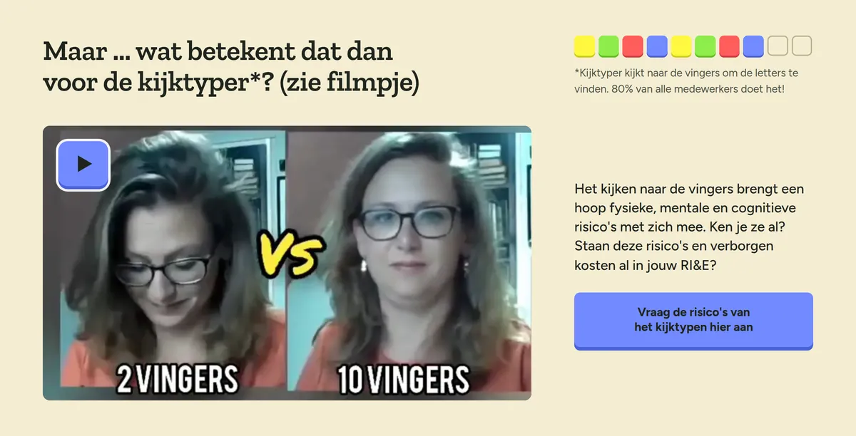Het blok met het filmpje: de kop &lsquo;Maar ... wat betekent dat dan voor de kijktyper?&rsquo;, een rij gekleurde toetsen, een filmpje met 2 vingers tegenover 10 vingers en een blauwe knop om de risico&rsquo;s aan te vragen.