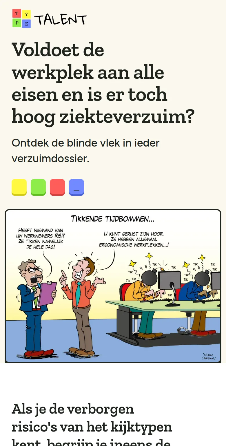 De bovenkant van leerblindtypen.nl op een telefoon: het logo van Typetalent, de kop over hoog ziekteverzuim, vier gekleurde toetsen en de cartoon Tikkende tijdbommen.