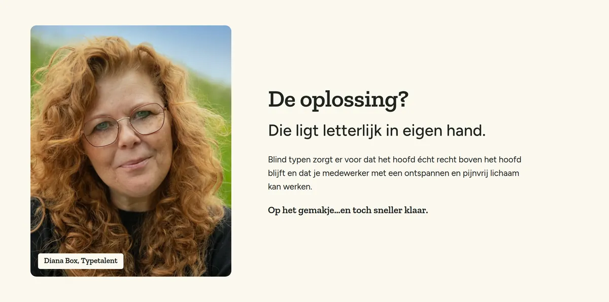 Het blok De oplossing? op leerblindtypen.nl: links een portret van Diana Box met rood krullend haar en een bril, rechts de kop &lsquo;De oplossing? Die ligt letterlijk in eigen hand.&rsquo;