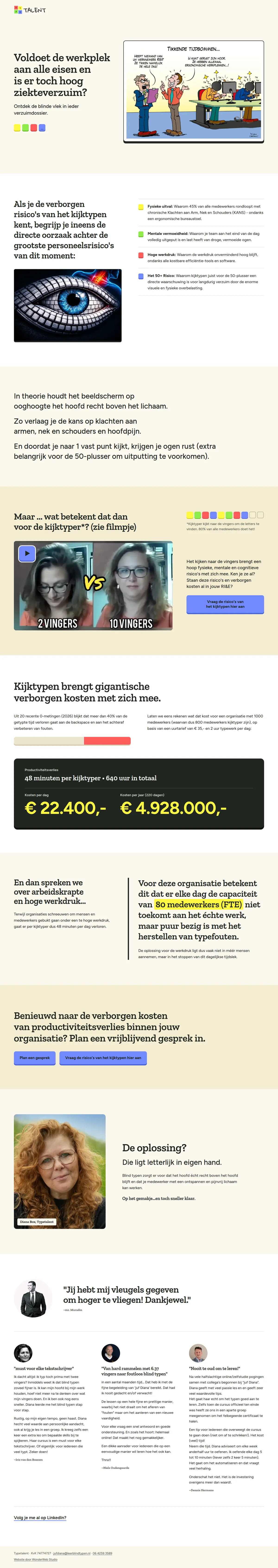 Het blok over verborgen kosten op leerblindtypen.nl: de kop &lsquo;Kijktypen brengt gigantische verborgen kosten mee.&rsquo;, twee korte alinea&rsquo;s en een donker vlak met de rekensom: 48 minuten per kijktyper, &euro; 22.400,- per dag en &euro; 4.928.000,- per jaar.