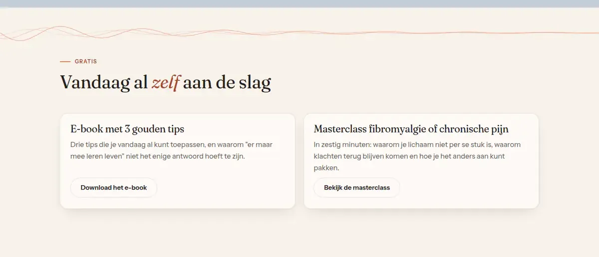 Het blok &lsquo;Vandaag al zelf aan de slag&rsquo; op de homepage, met het gratis e-book en een masterclass.