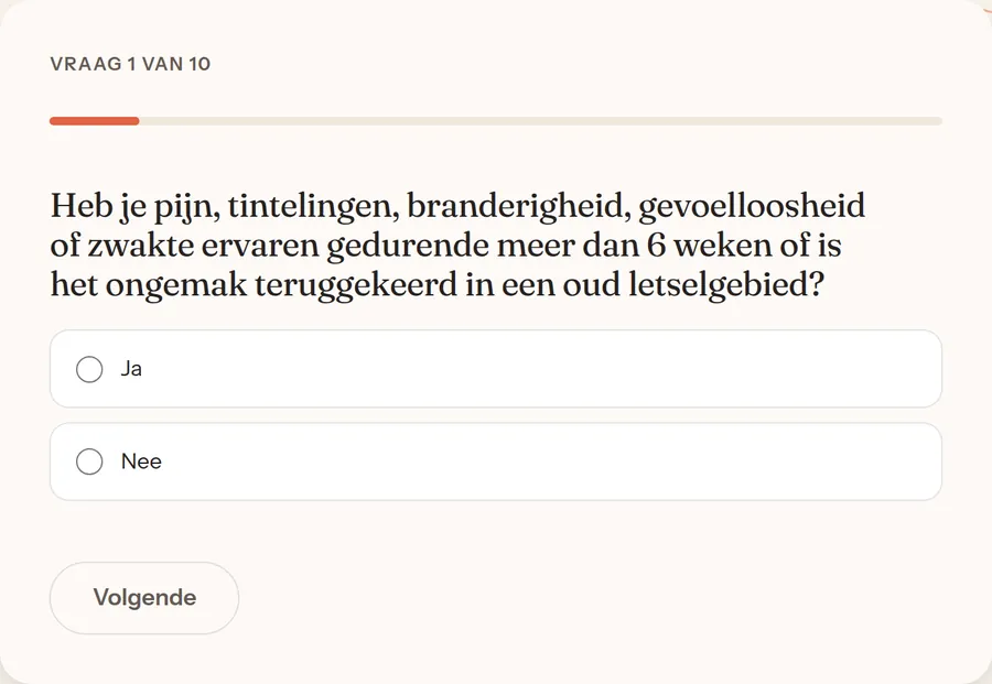 Pijntest, vraag 1 van 10: een vraag met de antwoorden Ja en Nee en een knop Volgende.