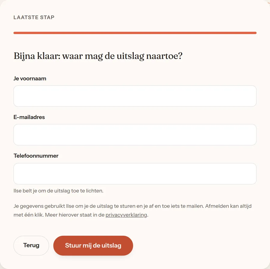 Laatste stap van de pijntest: velden voor voornaam, e-mailadres en telefoonnummer en de knop Stuur mij de uitslag.